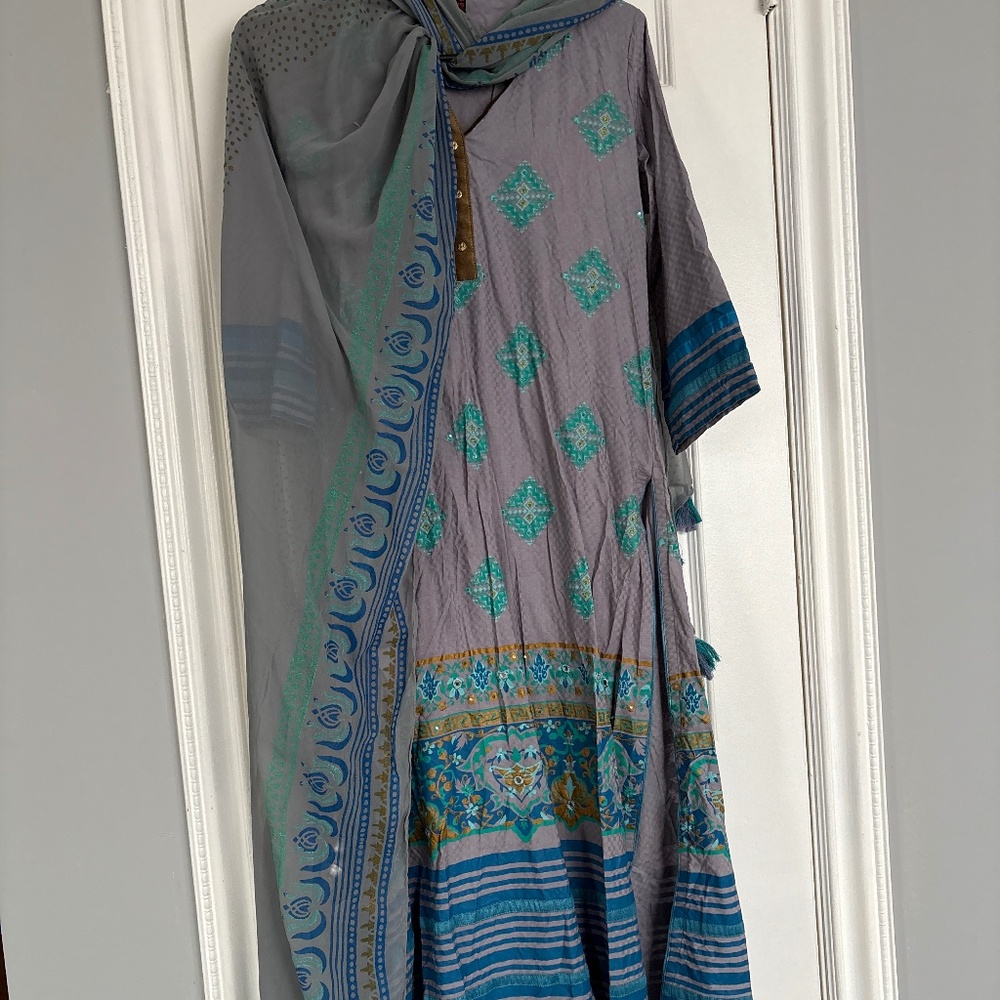 Aarong Bangladesh 3 piece salwar kameez blue grey bengali suit